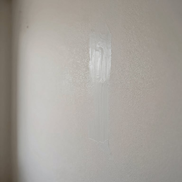 A close-up of a smooth drywall repair, showing the seamless transition between the patch and the original wall before painting.
