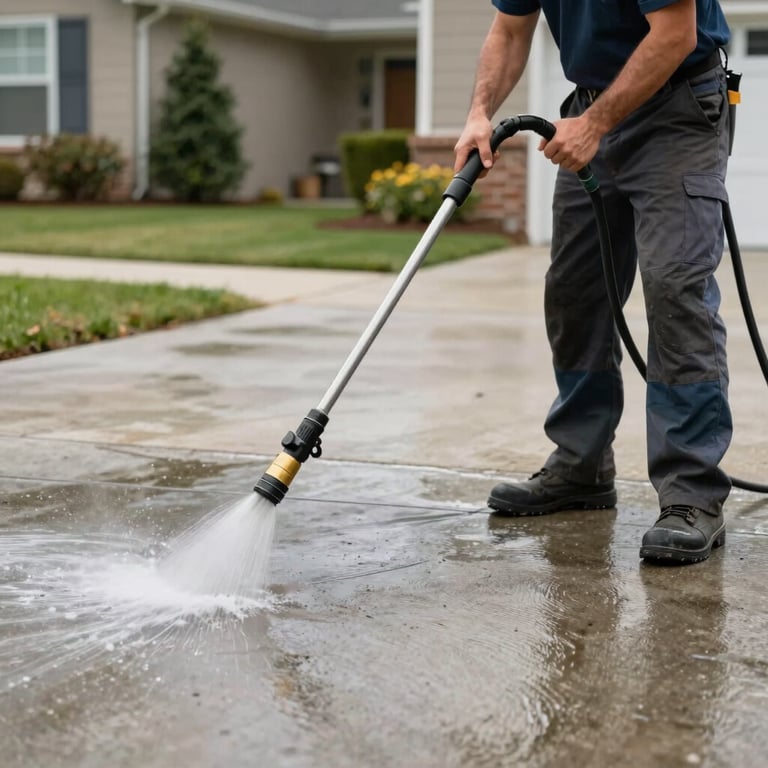 A professional worker pressure washing a concrete driveway at a North American / US residence, removing all dirt and grime.