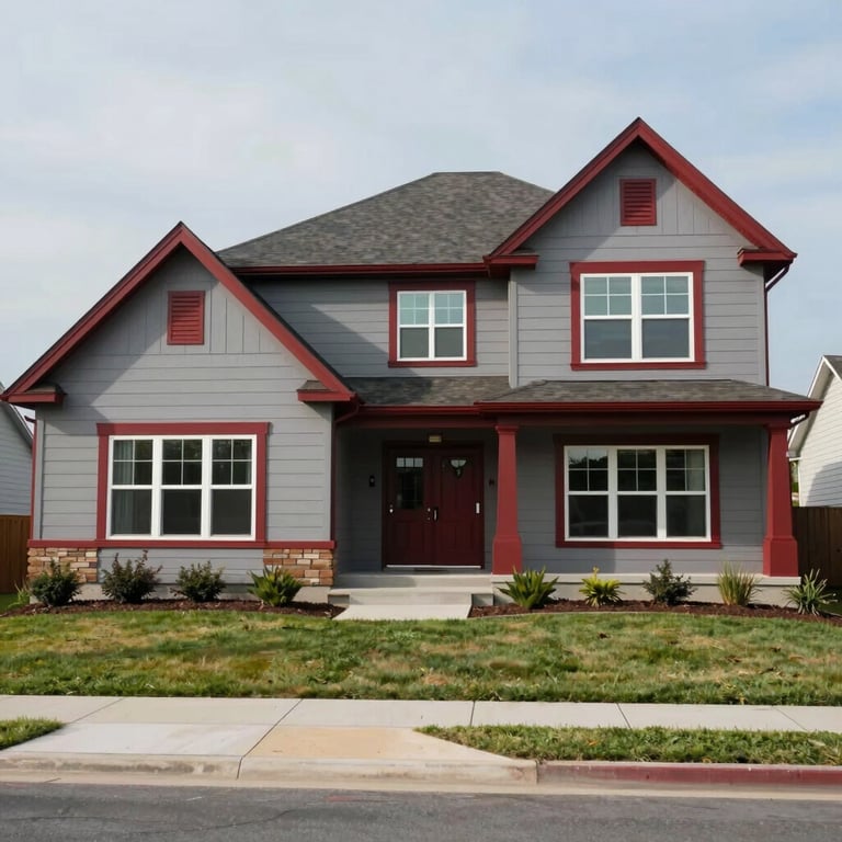 A wide shot of a contemporary North American / US home exterior with a fresh, professional gray and bloody red paint scheme.