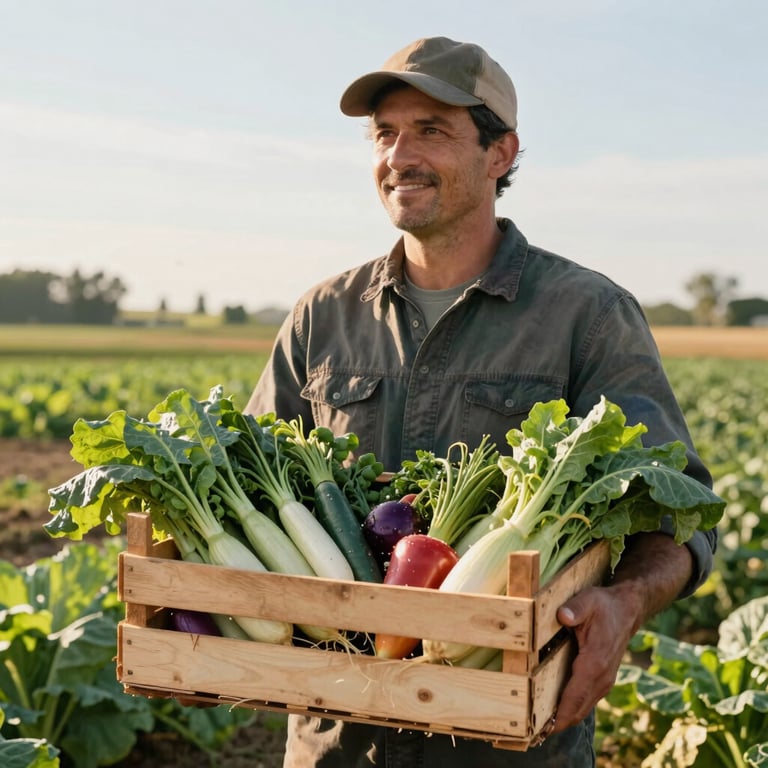 A local producer in a sun-drenched field holding a wooden crate of freshly harvested vegetables, North American / European.