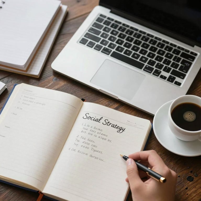 An elegant flat lay of a social media strategy session with a laptop, notebooks, and a cup of specialty coffee.
