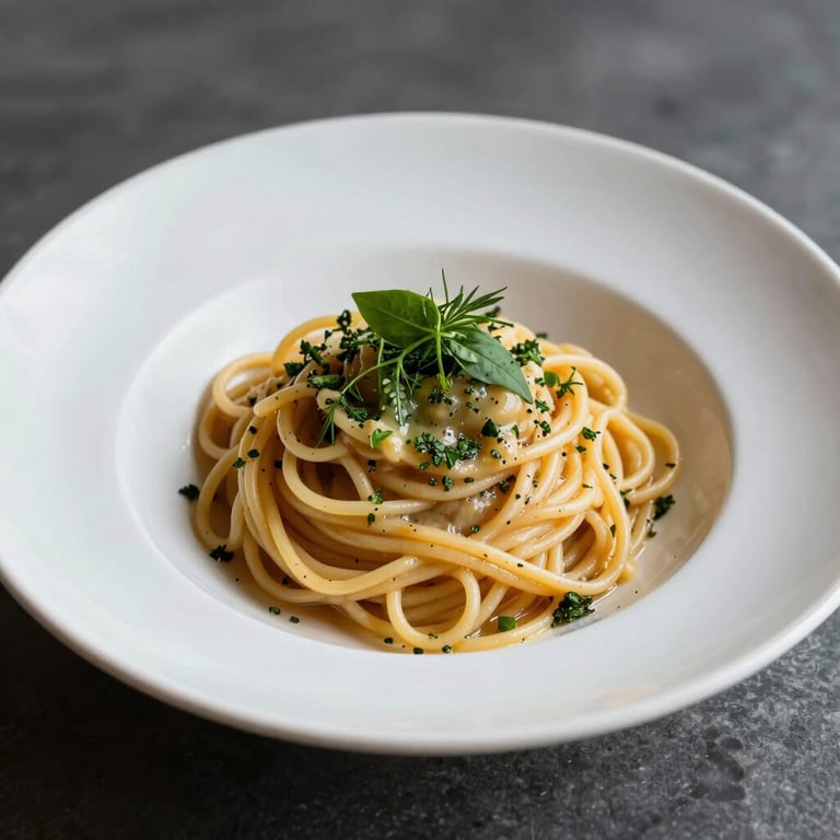 A beautifully plated gourmet pasta dish with fresh herbs on a matte ceramic plate, soft natural lighting.