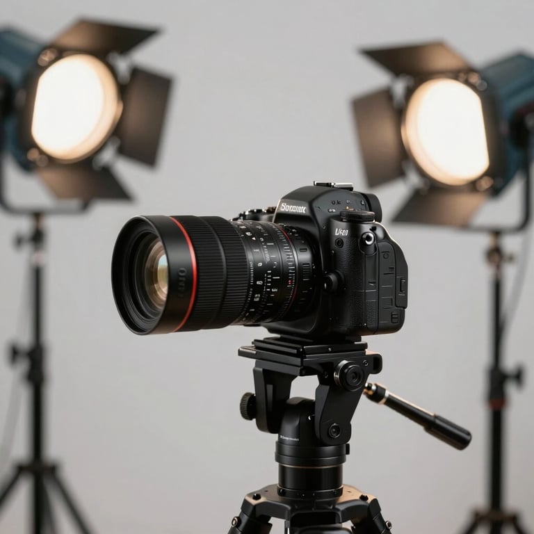 Behind-the-scenes shot of a professional food photoshoot with studio lights and a high-end camera, North American / European.