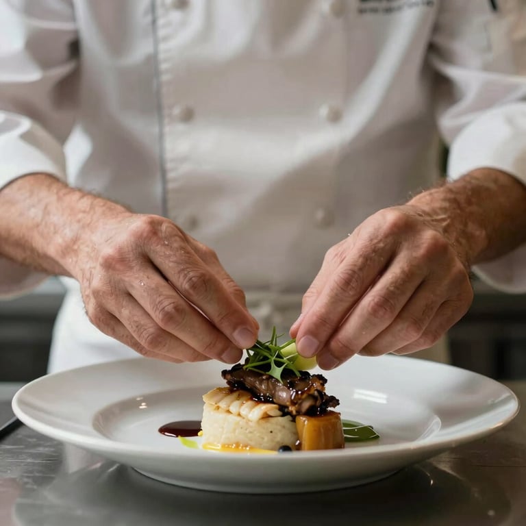 A close-up of a chef's hands artfully garnishing a dish in a professional kitchen setting.