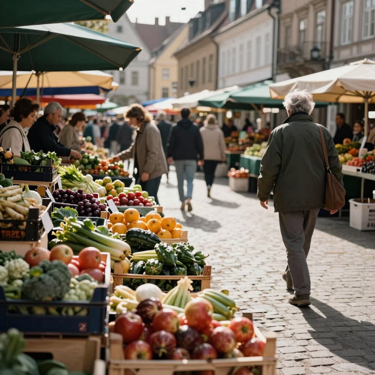 A bustling local farmers market in a sunlit European square with crates of fresh, colorful produce.