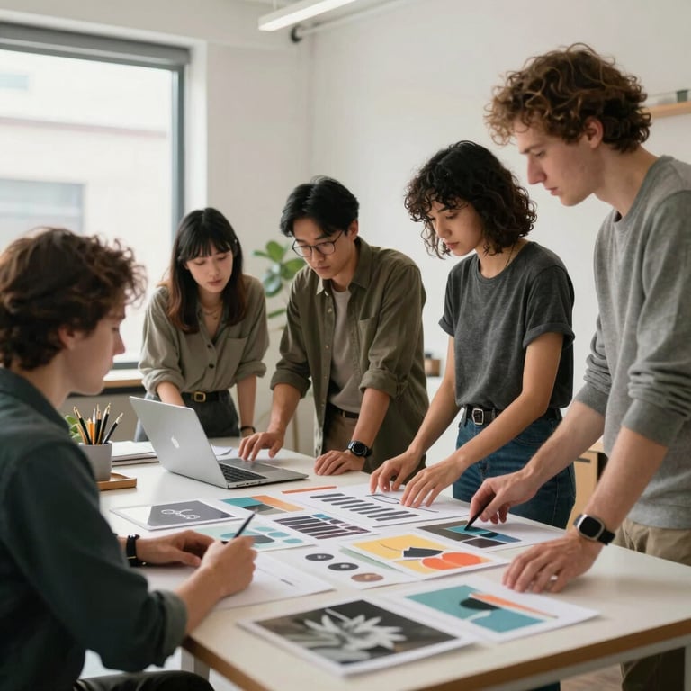 A creative team collaborating around a moodboard in a bright, airy boutique agency studio.