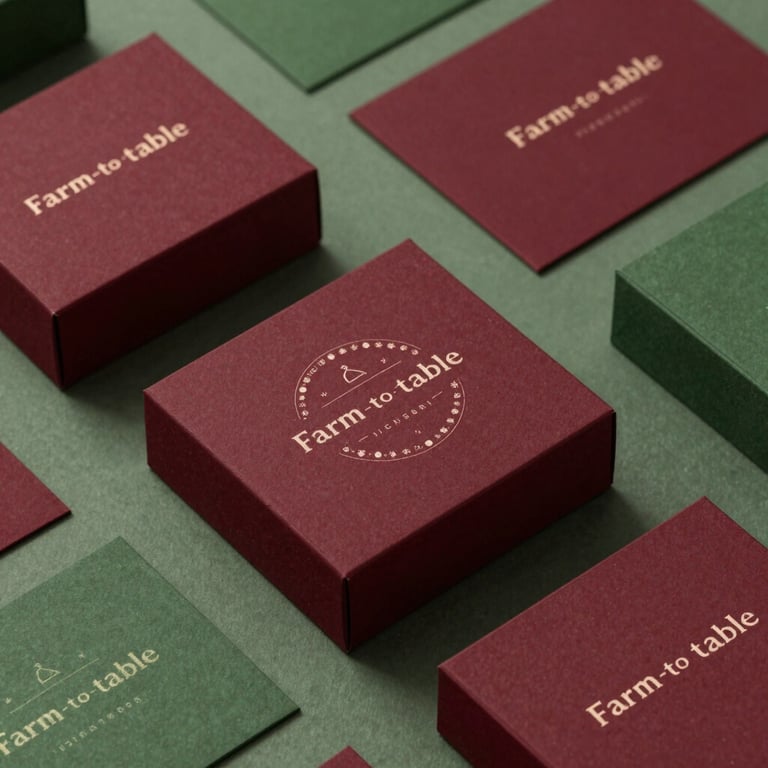 A modern farm-to-table brand identity spread featuring deep crimson red and matte green color palettes.