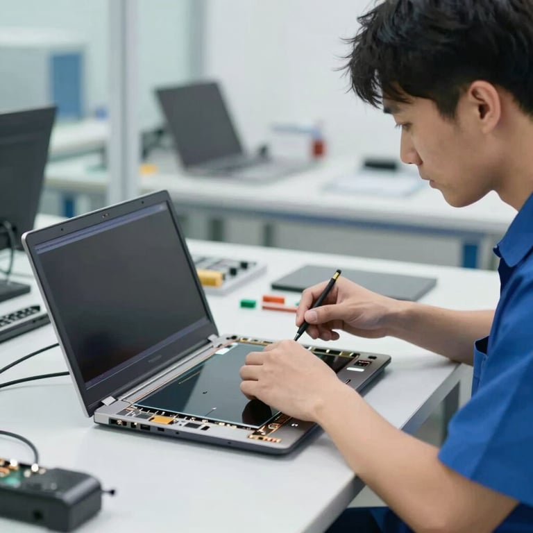 A technician skillfully replacing a broken laptop screen in a bright, modern workshop environment, featuring brand colors #2A5D7C.