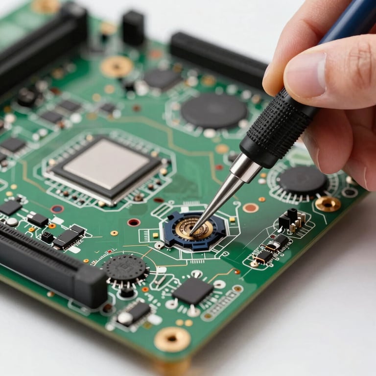 Close-up of a laptop motherboard being cleaned with specialized tools, conveying a sense of precision and efficiency.