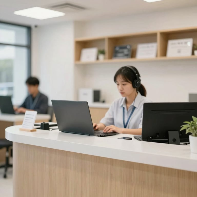 A customer service counter at a laptop repair shop, clean and professional, instilling confidence in the brand's service.