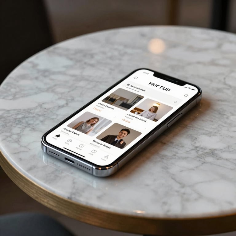 A sleek smartphone resting on a marble tabletop in a modern US café, reflecting a sophisticated and user-friendly mobile application interface.
