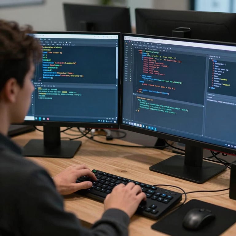 An over-the-shoulder view of a developer coding on a dual-monitor setup in a North American software studio, with dark blue code editor windows visible.