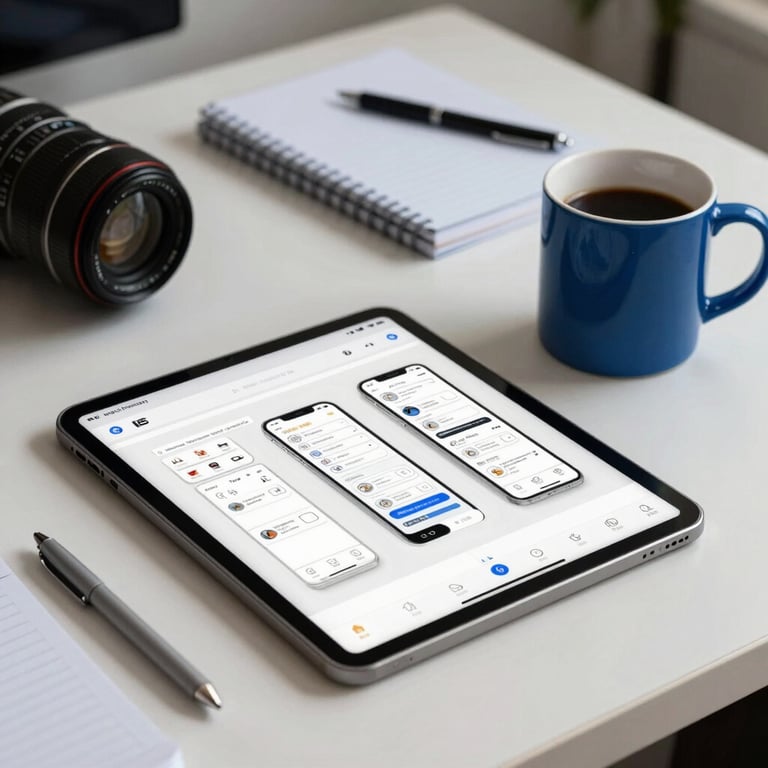 A focused shot of a designer’s workspace with a tablet showing wireframes for a mobile app, surrounded by a royal blue coffee mug and light gray stationery in a US office.