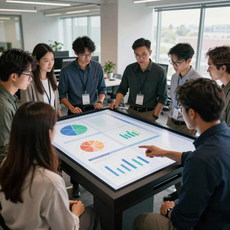 A diverse group of team members in a North American tech firm gathered around a large touchscreen display, reviewing app analytics in a brightly lit room.