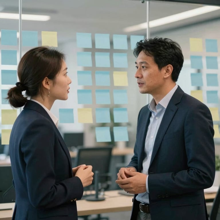 Two tech professionals in smart-casual attire having a discussion in front of a glass wall covered in light blue Post-it notes in a corporate North American setting.