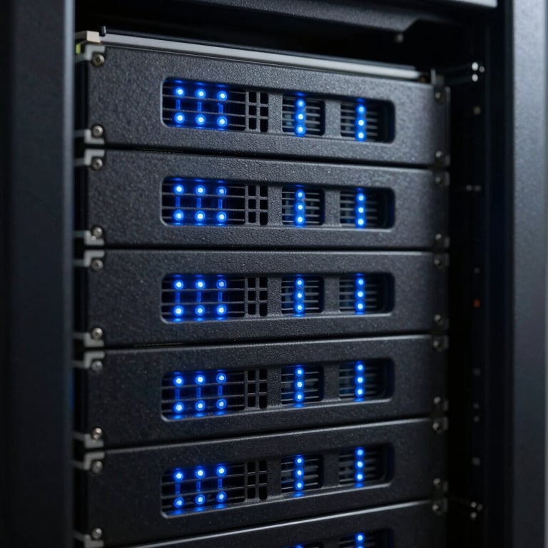 A high-contrast macro shot of a server rack with soft royal blue LED indicator lights, representing secure and scalable backend infrastructure.