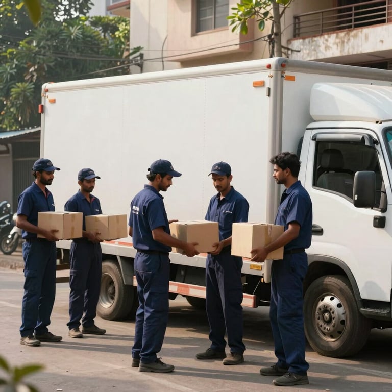A professional packing team in dark blue uniforms standing in front of a white moving truck in a New Delhi residential area, bright morning light, South Asian setting.