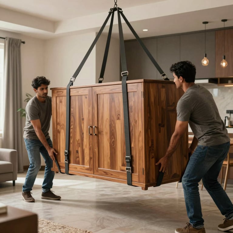 Action shot of two movers carefully carrying a large wooden cabinet using lifting straps in a modern South Asian apartment, emphasizing safety and reliability.