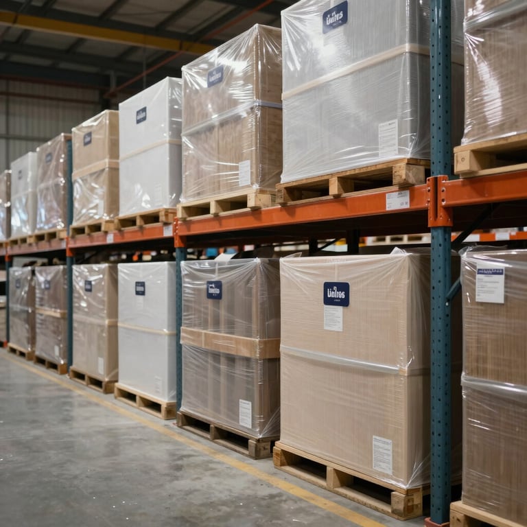 A clean, well-lit warehouse in New Delhi where household goods are stored in secure, labeled sections, demonstrating a reliable storage system.