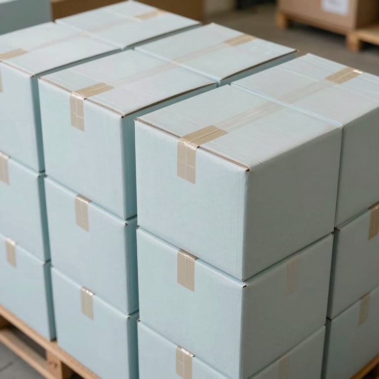 High-angle shot of organized cardboard boxes labeled for relocation, stacked neatly in a clean warehouse in India, pale blue and off-white accents.