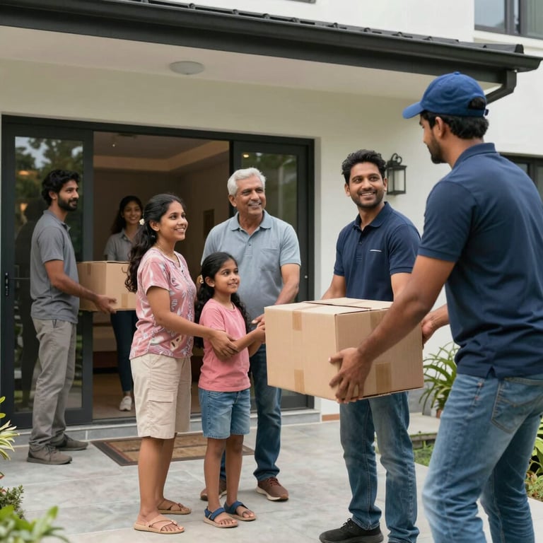 A South Asian family receiving their belongings from a professional moving crew outside a modern house, everyone is smiling and the service is efficient.