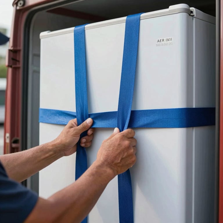 Close-up of a worker's hands securely strapping a refrigerator inside a moving truck using heavy-duty blue straps, illustrating expert care and safety.