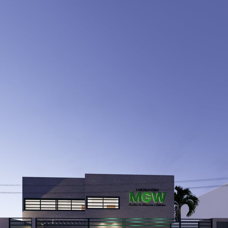 Vista frontal do Laboratório MGW com arquitetura moderna e identidade visual