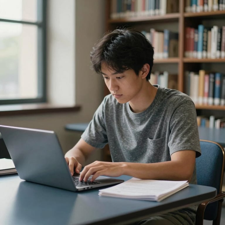 A student in a Columbus, Ohio library focused on studying, soft morning light, North American / US setting with slate blue furniture.