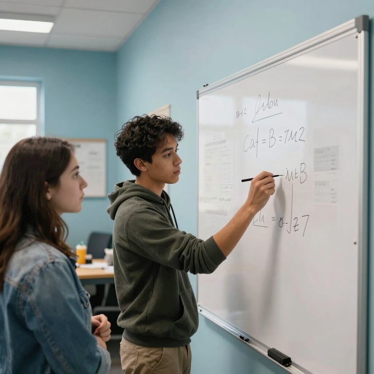 A workshop scene with youth brainstorming on a whiteboard in a bright North American / US community space with light blue walls.
