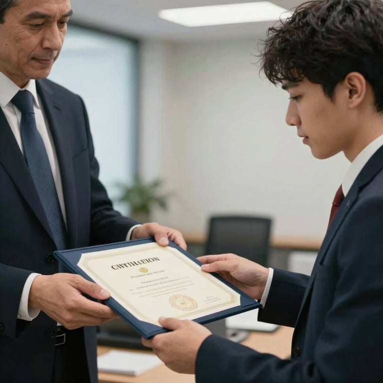 A close-up of a mentor handing a certificate to a young adult in a professional office setting in the North American / US.