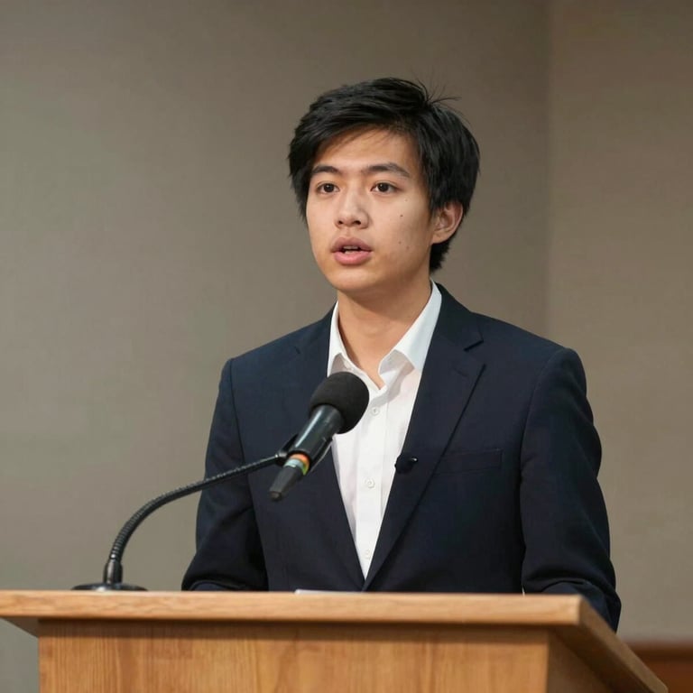 A young person speaking confidently at a podium during a local North American / US community event, professional attire.