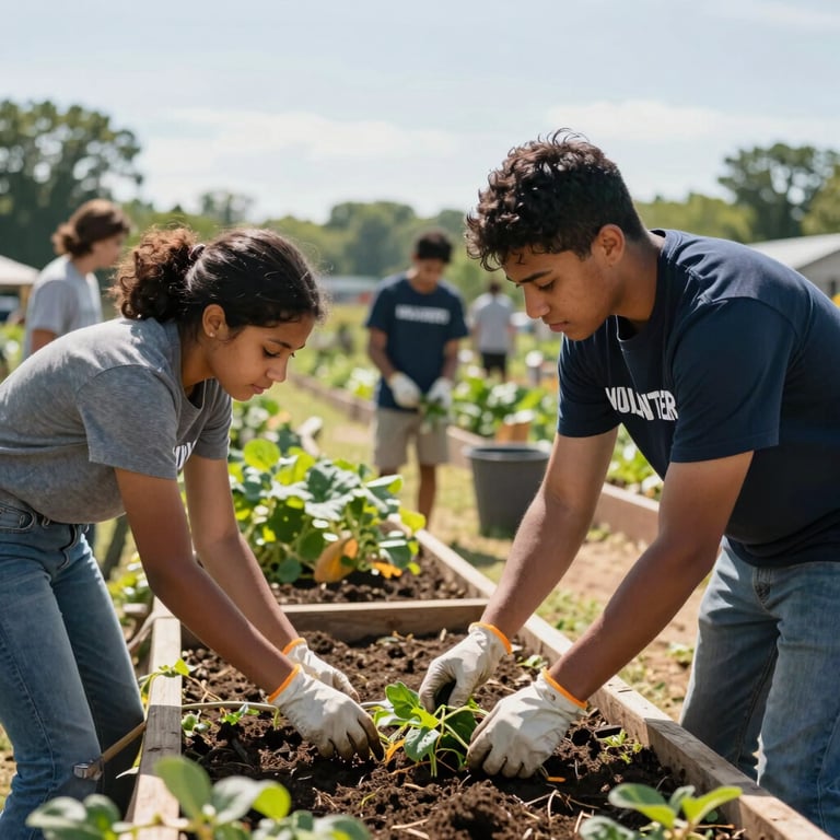 Volunteers and youth working together in an Ohio community garden, bright daylight, North American / US region.