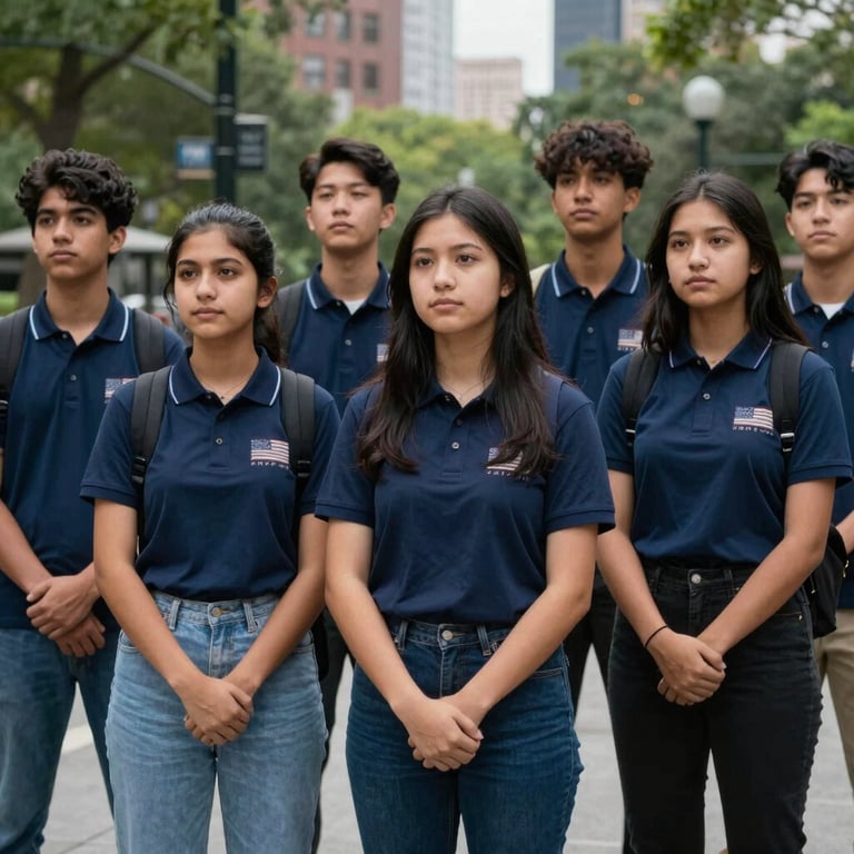 A group of youth leaders standing together in an urban park in North American / US, looking forward with confidence, deep blue palette.