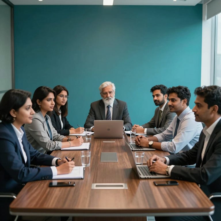 A group of diverse professionals in a sleek South Asian / Indian boardroom, natural lighting, deep ocean teal accents.