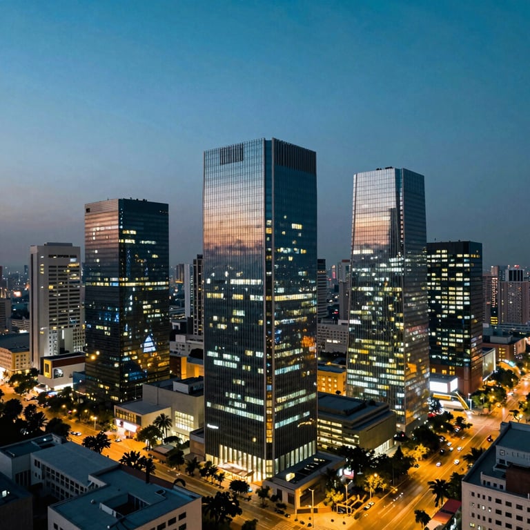 A modern cityscape view of a South Asian / Indian tech park at dusk, with lights reflecting deep ocean teal and navy blue.