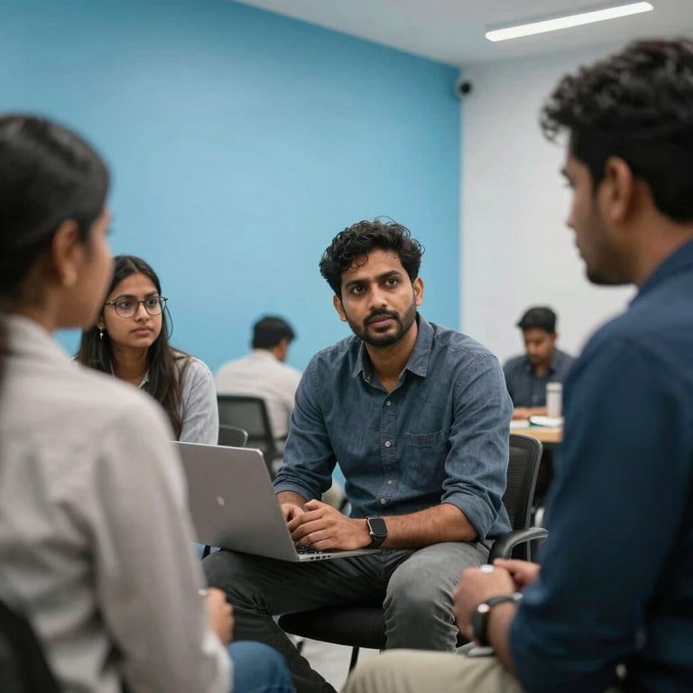 Collaborative team discussion in a South Asian / Indian co-working space, bright sky blue elements in the background.