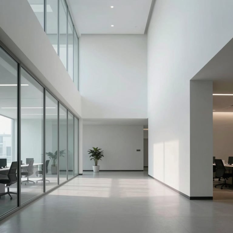 A minimalist, high-tech office lobby in a South Asian / Indian metro area with soft misty white walls and glass partitions.