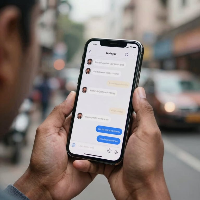 Close-up of hands holding a modern smartphone in a South Asian / Indian city environment, displaying a messaging app interface.