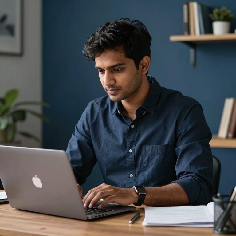 A focused business owner at a desk in a South Asian / Indian creative studio, using a laptop, dark navy blue decor.