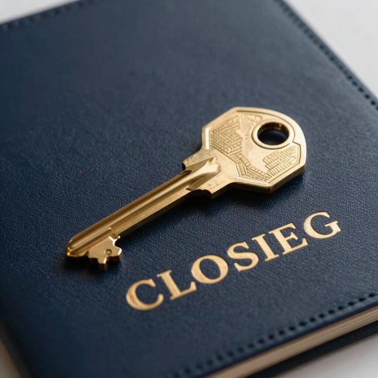 A close-up of a golden key resting on a dark navy leather-bound property folder, symbolizing a successful closing in Gurgaon.
