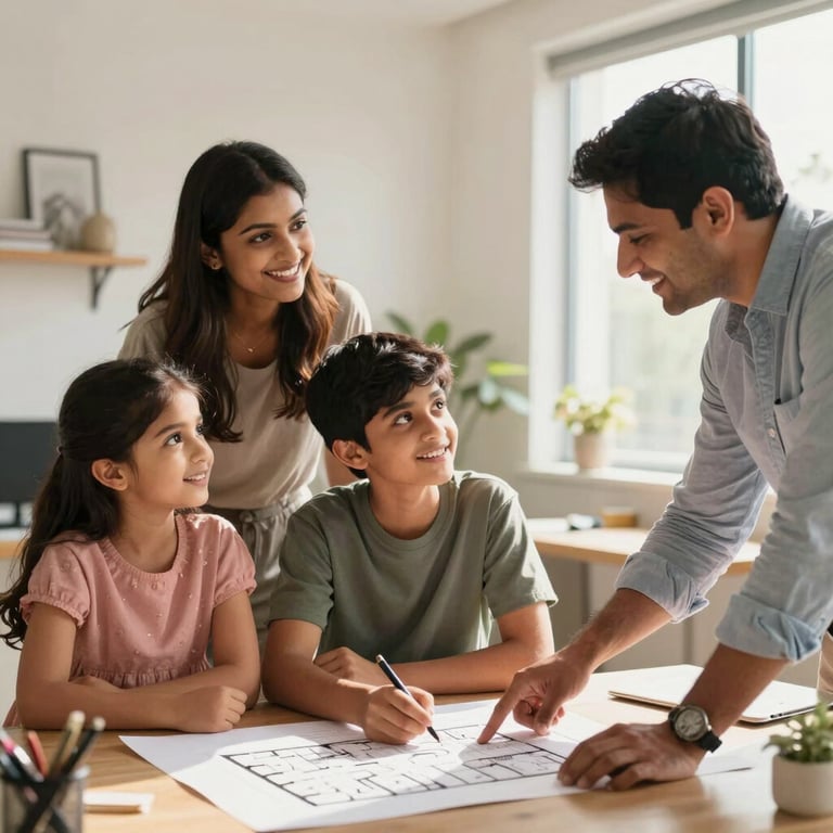 A South Asian / Indian family smiling while discussing a residential floor plan with a professional consultant in a sunlit office.