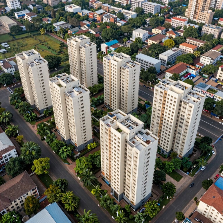 An aerial view of a sprawling residential development in Gurgaon with lush green spaces and modern off-white apartment towers.