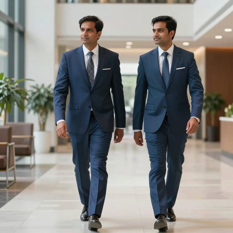 Professional South Asian / Indian real estate agents in formal steel blue suits walking through a bright, modern commercial lobby.