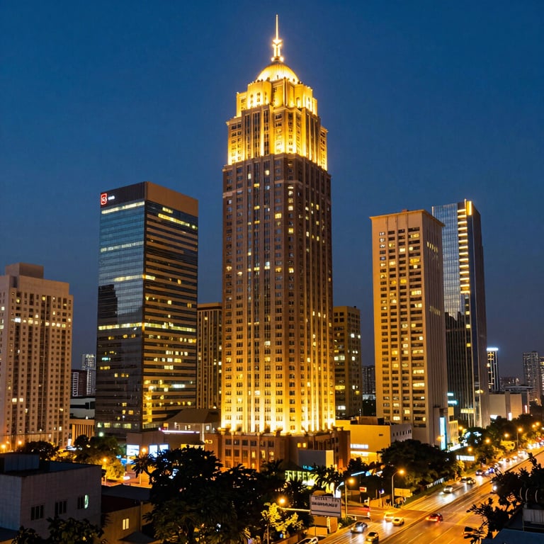 A night shot of a vibrant Gurgaon business district with glowing gold lights against a steel blue sky, representing growth and opportunity.