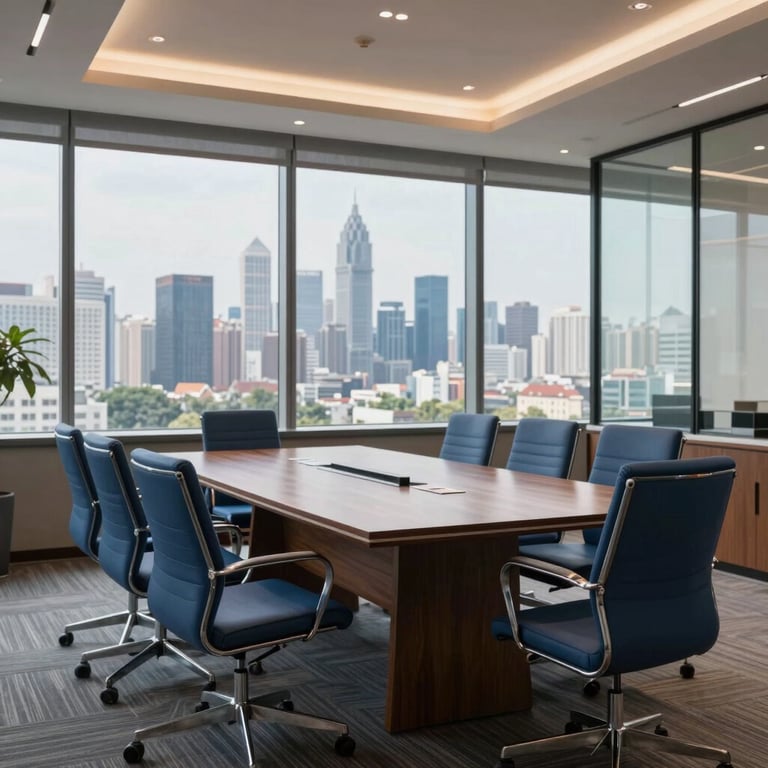 An elegant boardroom in a Gurgaon office with a view of the skyline, featuring a large wooden table and steel blue chairs.