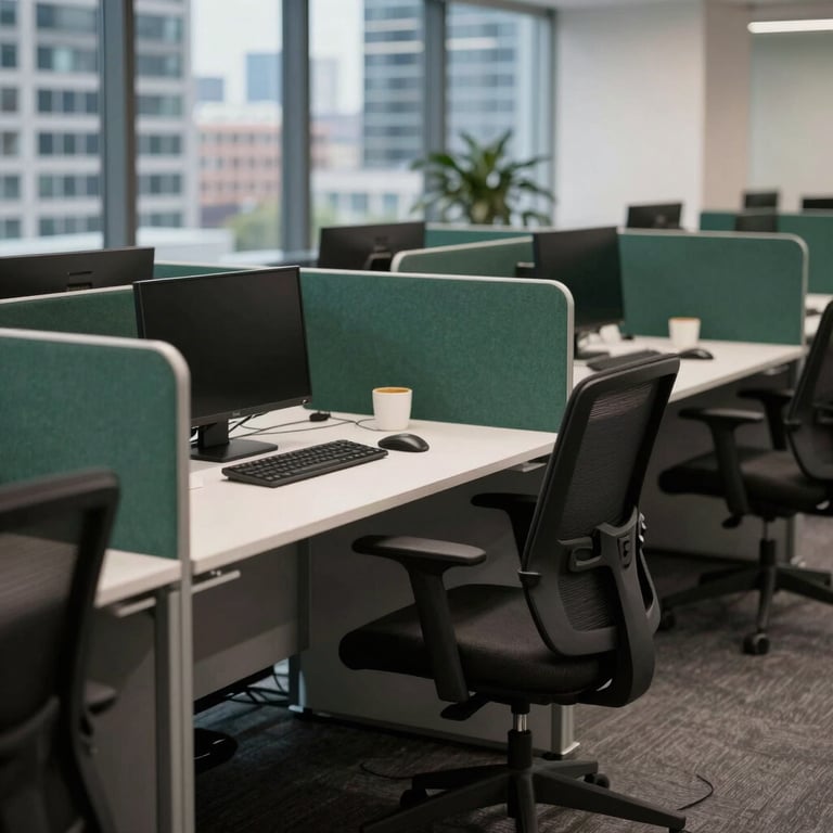 A modern office in a North American / US city featuring ergonomic furniture and deep charcoal green desk dividers.