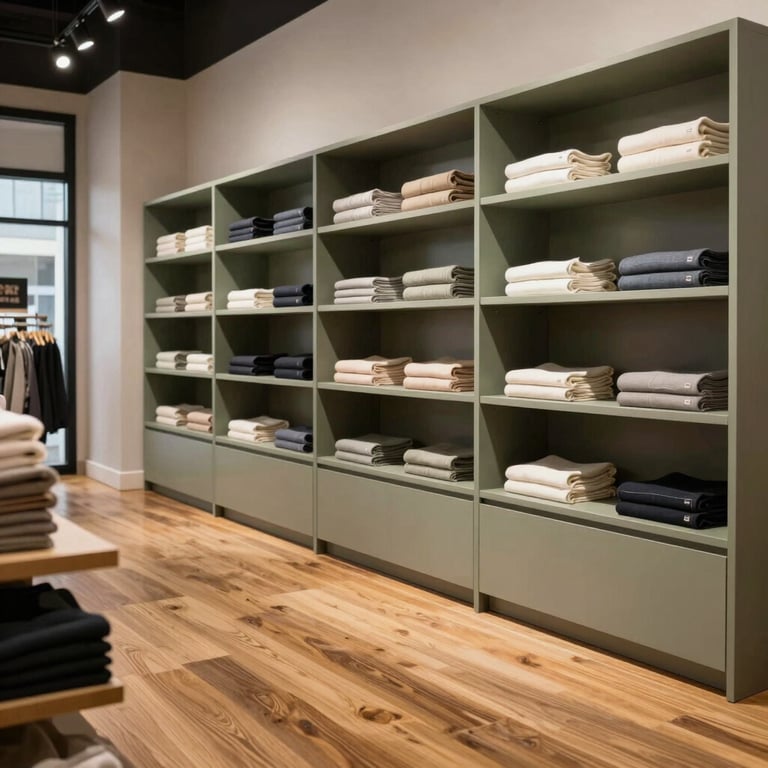 A professional retail store interior in North America / US with refined soft sage shelving and timeless wood flooring.