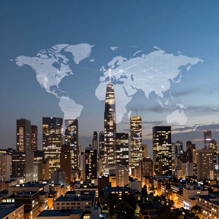 A wide shot of a futuristic urban skyline at twilight, with lights from buildings forming a network-like pattern, symbolizing global connectivity.