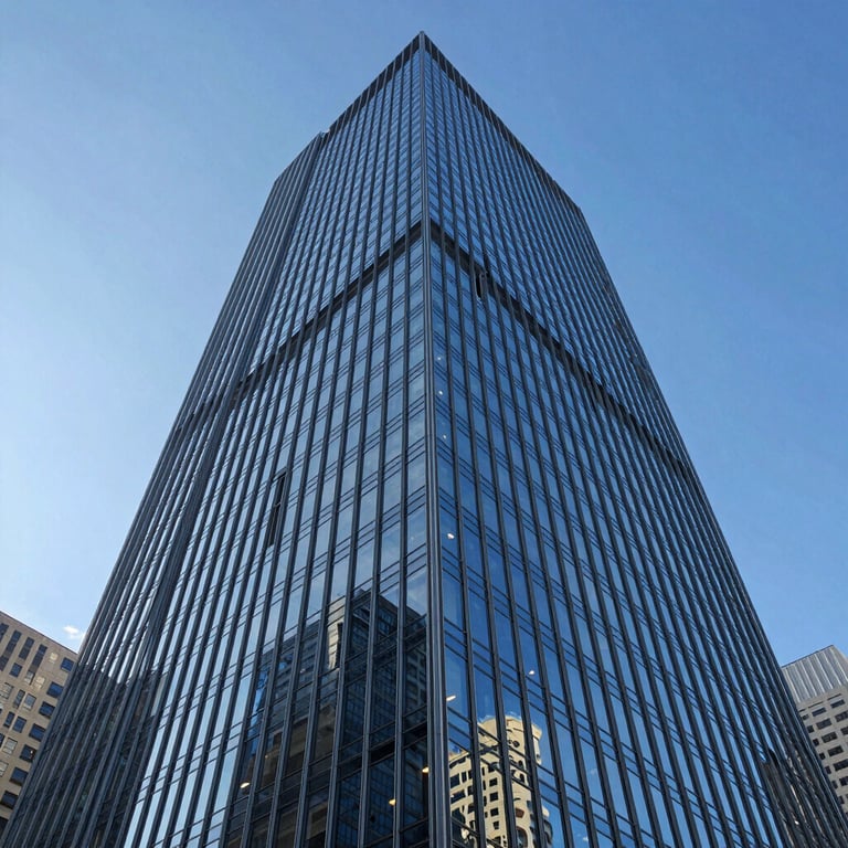 A low-angle shot of a soaring glass skyscraper in a North American business district, reflecting a clear blue sky. Crisp, clean lines and modern architecture.