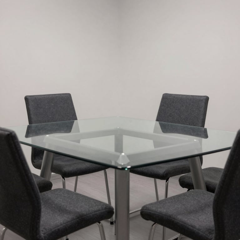 A minimalist meeting room with a single glass table and charcoal grey chairs, emphasizing whitespace and a professional, calm environment.